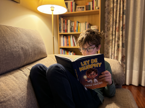 Boy reading the book on the couch in the evening