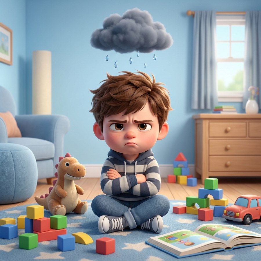 Frustrated boy sitting among toys
