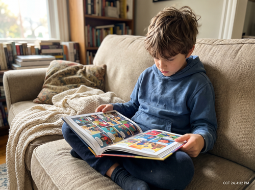Boy reading on the couch