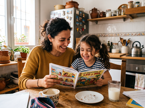 Mom and daughter reading together in the kitchen